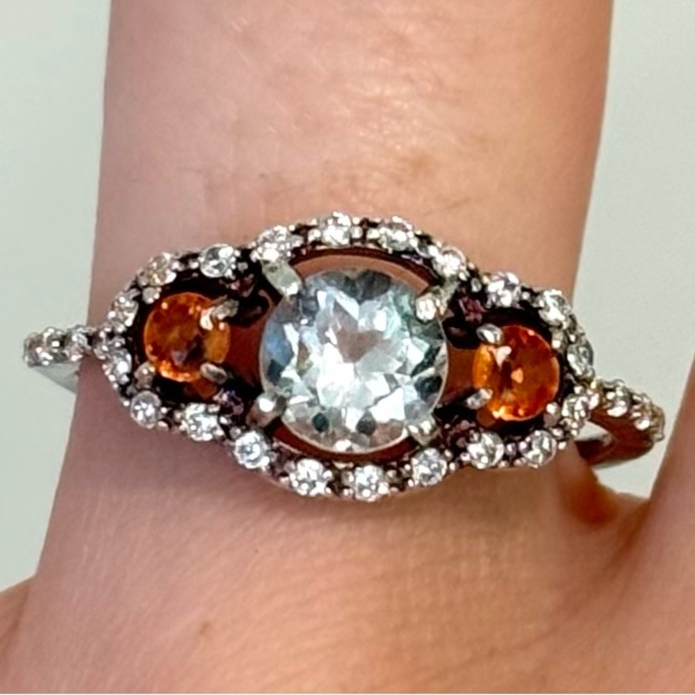 White Topaz & Orange Sapphire 3 Stone Engagement Ring Size 7 Sterling Silver 925